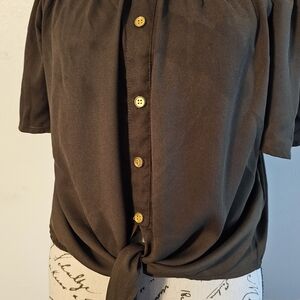 NWOT Mileage Olive Green Peasant Style Tie Front Off The Shoulder Top, Gold